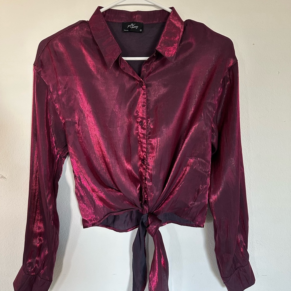 Milk and honey Shiny Burgundy Button-Up Tie Front Top